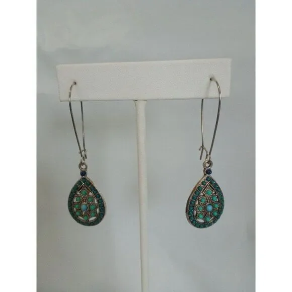 Turquoise Stones & Silver Metal Earrings - Picture 5 of 8